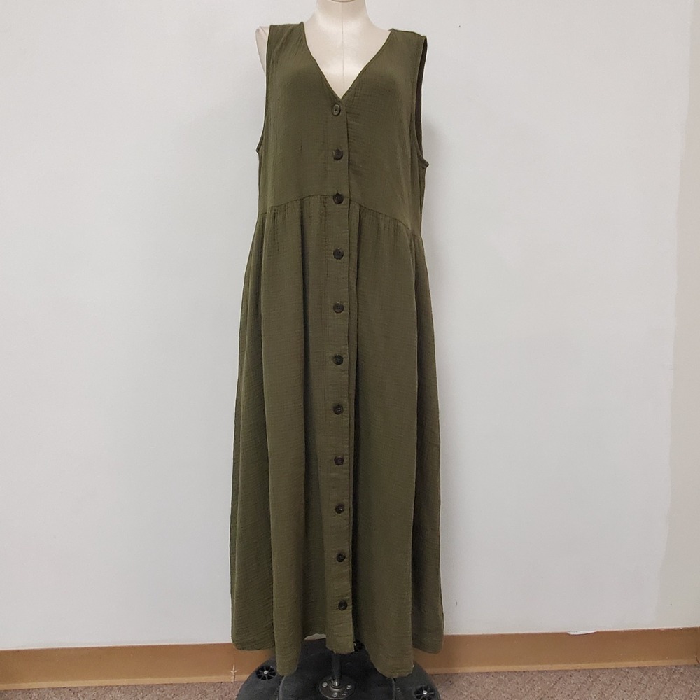 Madewell Lightspun Button Front Tank Midi Dress NF905 Green L Cotton V Neck